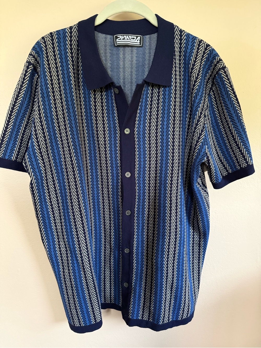 Blue, Navy and White Vertical Stripe Knit Polo